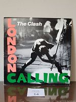 Front cover of The Clash's London Calling LP, showing black and white photo with red and green text.