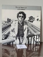 Front cover of Randy Newman's 1977 Little Criminals album, black and white photo of artist on bridge overlooking highway.