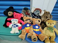 Group of 9 various teddy bears and plush animals, mostly bears of different colors and one koala, arranged on green and blue surfaces.