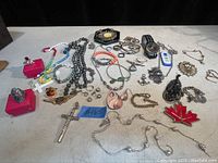 Overview of all costume jewellery including necklaces, rings, bracelets, a metal cross whistle pendant, and various pins and earrings.
