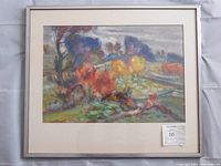 Full view of the framed gouache painting depicting a colorful abstract landscape scene with trees and foliage.