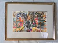 Framed full view of abstract oil pastel painting showing vibrant colors and detailed composition.