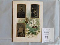 Full view of the lithograph page with three tin type photos of Arctic explorers mounted on illustrated background.