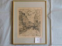 Full front view of framed etching showing mat and frame