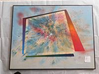Full front view of abstract canvas painting showing design and frame