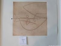 Unframed abstract etching print laid flat on white surface, showing full composition and label.