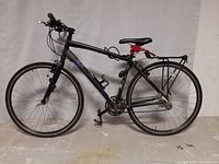 Side view of the full bicycle showing the black frame, handlebars, saddle, rear rack, and thin tires.