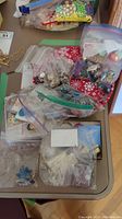 Wide view of numerous costume jewelry pieces contained in several zip-lock bags, including necklaces, bracelets, pins, and earrings.