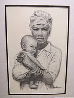 Full view of the aluminum framed charcoal print reproduction depicting Jamaican Madonna (mother and child).
