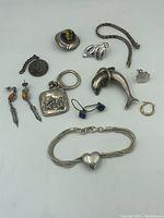 Overview of all silver jewellery pieces arranged on white background showing various styles and types including bracelet, rings, pendants, earrings and chains.