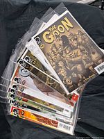 View of 12 individual comic books from The Goon series fanned out, showing character illustrations and title on covers, all bagged and boarded.