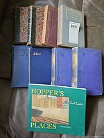 Photo shows a collection of ten books arranged on a dark surface. Includes older hardcovers with marbled and embossed designs, two volumes titled 'My Diary North and South' with dark covers, and the green paperback 'Hopper's Places' by Gail Levin.