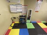 Home gym corner with black and gray ab roller, hand weights on a black metal shelving unit, full-length mirror, and multicolored foam mats on floor