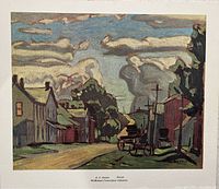 Full view of A.J. Casson lithograph depicting a street scene with houses and a horse-drawn carriage under a textured cloudy sky, signed by the artist.