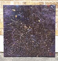 Front view of original abstract 24x24 painting by Wendy Abony Polland showing dark, swirling textured surface with purple, blue, and gold highlights