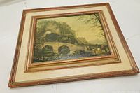 Full view of the framed painting showing the bridge, figures, and landscape in vintage style.