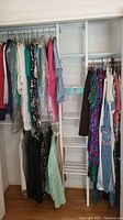 Closet showing assortment of women's clothes hung on hangers, including dresses, skirts, two-piece outfits, blouses, and tops in size Large (14).