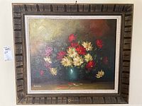 Frontal photo of the framed still life flower painting signed by Forsyth, showing full artwork and frame.