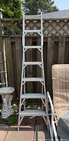 Full view of the aluminum step ladder leaning against a wooden fence outdoors, showing overall height and construction.