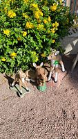 Three cement deer statues outdoors near leafy green plants, showcasing all three deer in one frame