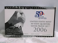 Box showing 2006 United States Mint 50 State Quarters Silver Proof Set with an eagle image and state names