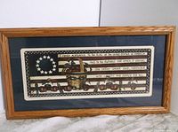 Full view of signed framed Laurie Korsgaden Pledge of Allegiance picture 18x9 with wooden frame and dark blue mat