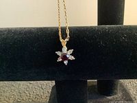 Close-up of star-shaped pendant necklace showing central red stone surrounded by clear stones.