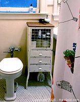 Cabinet in bathroom next to toilet, showing overall size and style with wood top and mesh door.