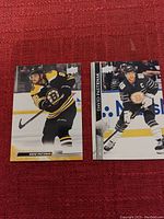Photo showing two Upper Deck hockey cards featuring David Pasternak. One card shows him in a Bruins uniform shooting, the other in a Blackhawks jersey skating.