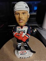 Front view of the bobblehead figurine showing detailed painting of Modano in USA Hockey uniform, holding hockey stick and wearing helmet.