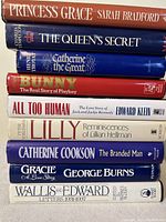 Stack of nine biography books showing titles and authors