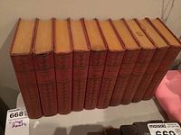 Photo showing side view of 10 vintage hardcover books by Charles Dickens with red spines and gilt text.