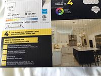 Box of Vision Home LED Ultra Slim recessed lights with product details and room application image