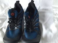 Pair of Body Glove men's exercise shoes in blue and black shown from the front with laces and logo visible.