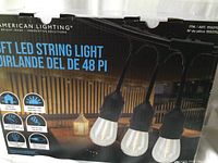 Box front showing American Lighting branding, product name and picture of string lights with black cable and clear bulbs.