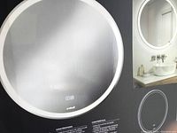 Front view of the round LED wall mirror illuminated showing LED light ring and touch control icons on mirror surface.