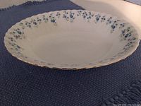 Oval vegetable bowl on blue textured surface, showing full bowl and floral pattern with gold rim