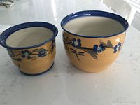 Two pottery bowls on white surface, yellow base color with blue floral designs and dark blue rims.