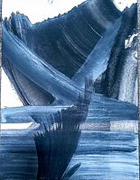 Close-up view of abstract painting showing brush stroke texture and color palette dominated by blues, blacks and whites.