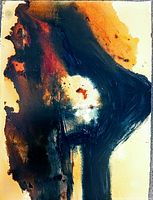 Front photo showing the abstract acrylic painting featuring dark black with orange and red blending on a cream paper. The paper shows minor wear but is in good condition.