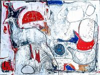 Front view of the abstract acrylic painting showing composition, color, and condition on paper.