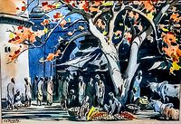 Loose view of watercolor painting on unframed paper, depicting street scene with tree and figures