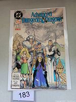 Front cover of comic showing fantasy characters and dragon background in plastic protective sleeve.