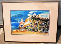 Full frontal photo of the framed watercolor painting showing the vibrant beach scene with boats and shelter.