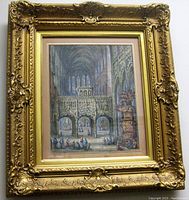 Frontal photo of framed Gothic watercolor interior scene of St. Pierre Cathedral by M. Scheper.