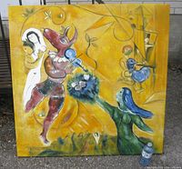 Front view of the large square canvas oil painting showing vibrant abstract cubist style figures on bright yellow background with red horned figure and green woman with bouquet.