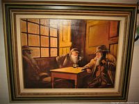 Full view of framed oil painting showing three elderly men around a table in a pub setting, signed by MAX.
