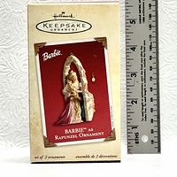 Box of Barbie as Rapunzel Hallmark Keepsake Ornament set showing front with ruler for scale