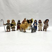 Full set of ten nativity figures and animals on white background