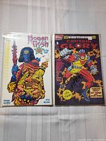 Two comics side-by-side: 'Rowan Grossi' graphic novel with colorful character cover art, and 'Captain Glory' comic book with signature on front cover.